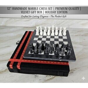 12" Marble Chess set, storage box, black/white, Christmas, Holiday Gift edition
